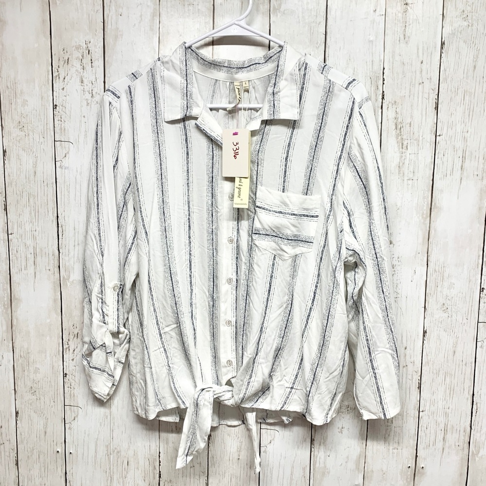 Grand & Greene Striped Tie Front Button‎ Down Women L Ivory Black Rayon RP066631